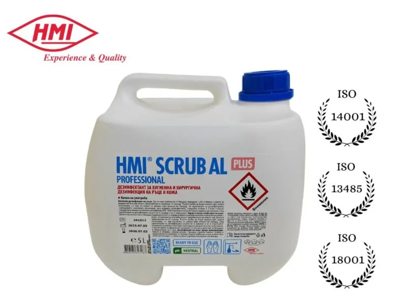 HMI® SCRUB AL Plus 5 л. Дезинфектант с 72% етанол за хигиенна и хирургична дезинфекция на ръце и кожа с дълготрайно действие