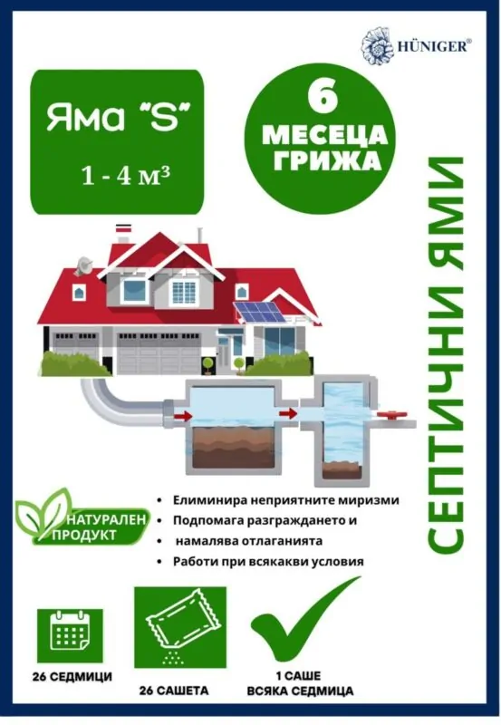 Huniger® Малък пакет за септични ями (1–4 м³) – 6 месеца грижа (26 х 30 гр.)