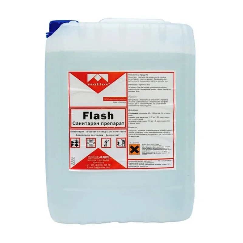Mollox - Flash Sanitar, 10 л Силно киселинен препарат за основно почистване на киселинноустойчиви повърхности